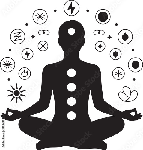 Silhouette of Person Meditating with Chakra Symbols Vector Illustration Representing Energy Alignment and Inner Peace