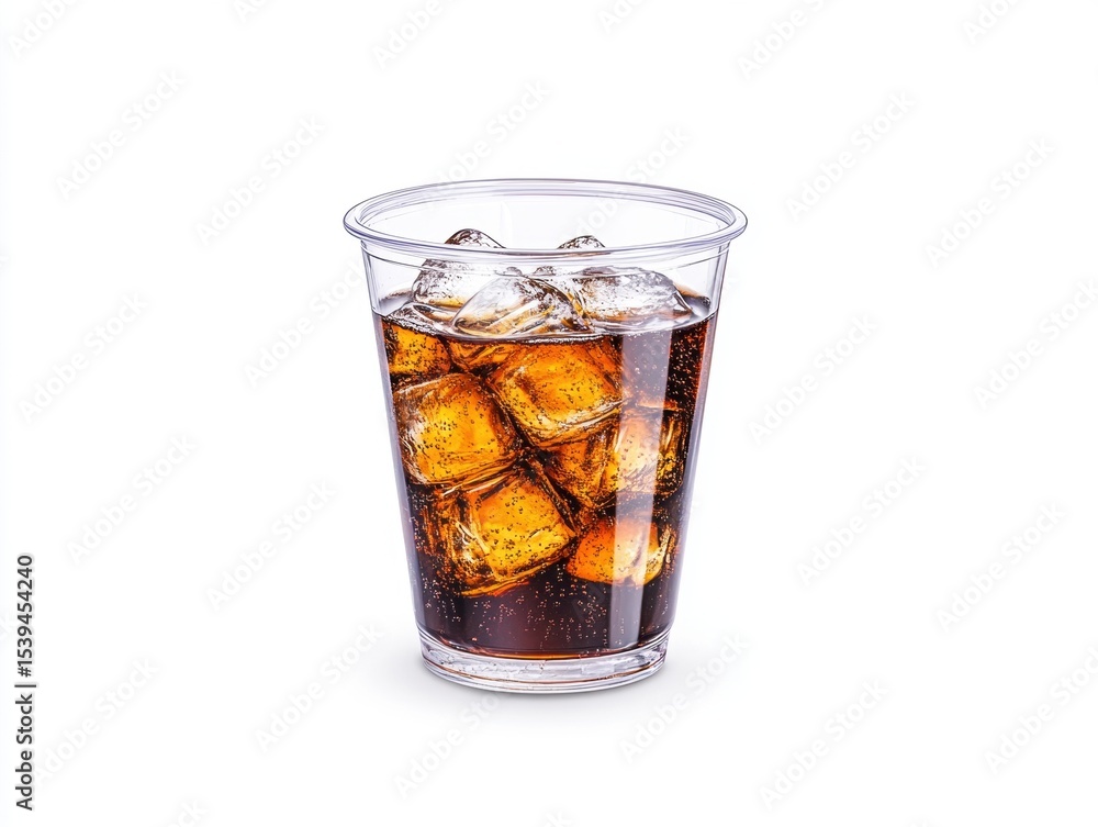 Clear plastic cup with cola and ice cubes Clear plastic cup with cola and ice cubes