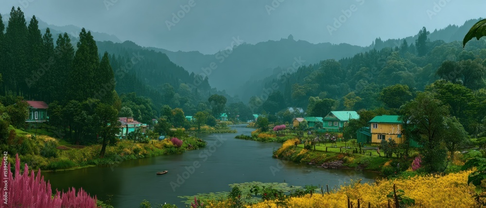 Fototapeta premium Misty mountain village by a river