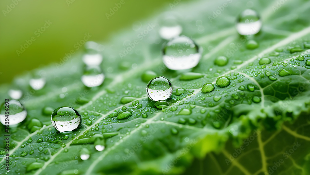 Detailed macro image showcasing sparkling dew drops scattered across the bumpy surface of a lush green kale leaf. Detailed macro image showcasing sparkling dew drops scattered across the bumpy surface of a lush green kale leaf.
