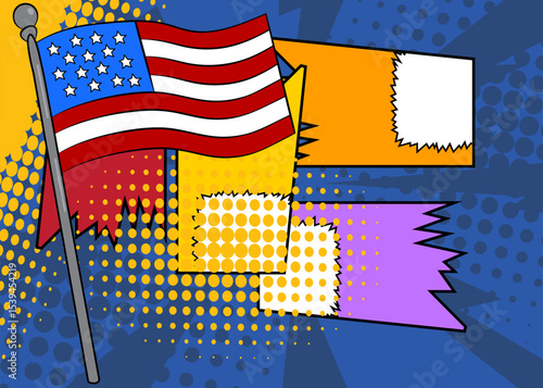 Cartoon American Flag, comic book Independence Day. Retro vector comics pop art design.