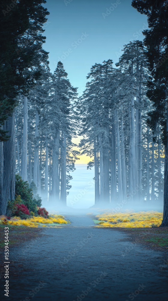 Obraz premium Misty forest path at dawn