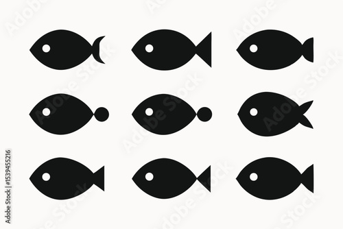 Collection of Simple Black Fish Icons Set of Nine Minimalist Fish Silhouettes for Design Projects