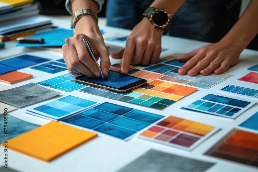 Fototapeta premium Close-up of two people collaborating on color palette design using swatches and a digital device on a table