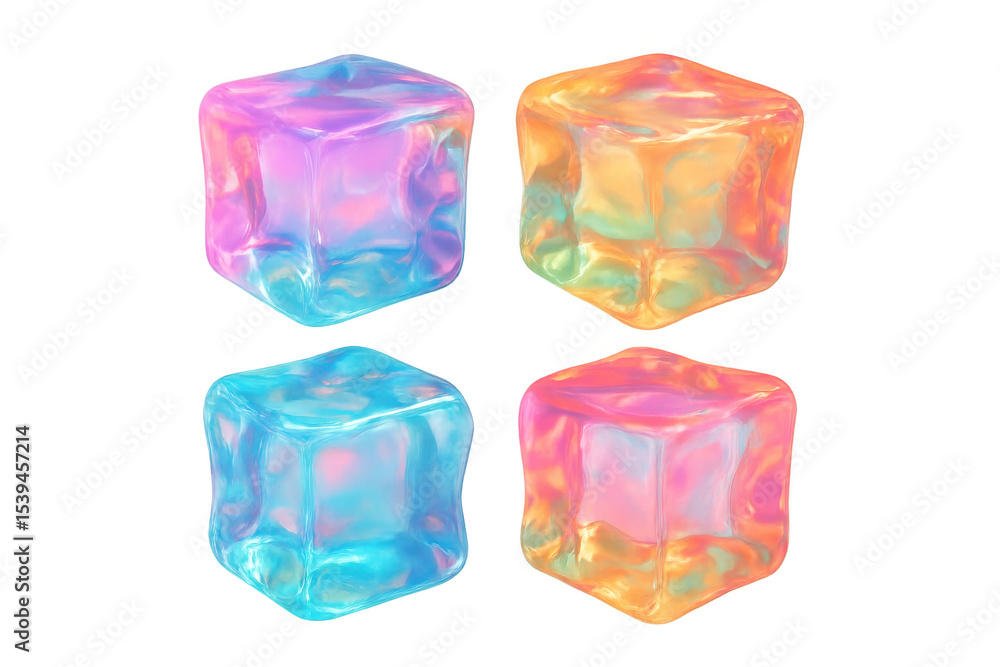 Naklejka premium Four colorful ice cubes rotating, with a transparent background, perfect for summer-themed projects