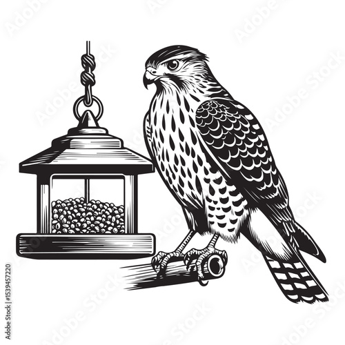 Cooper hawk visits the bird feeder image vector.