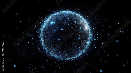 Glowing blue sphere composed of numerous small particles floating against a dark background evoking a sense of mystery and cosmic wonder