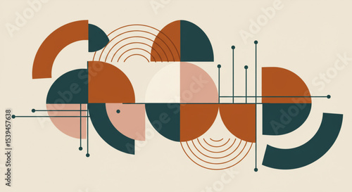 Dynamic and Layered Composition: An abstract geometric art print in the style of mid-century Scandinavian design.