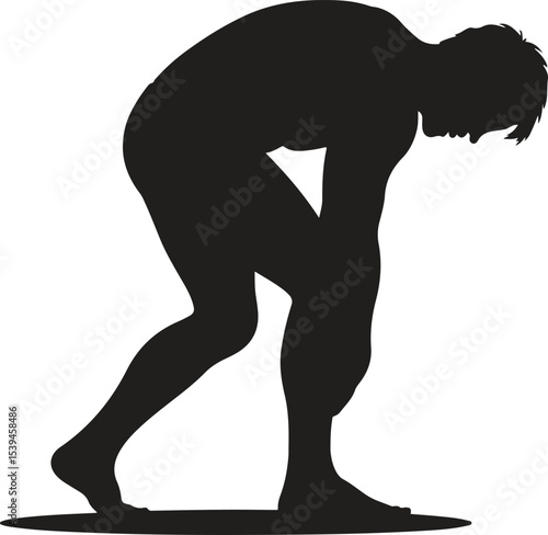 Silhouette of Man Bending Over Holding Leg in Painful Pose on Plain Surface