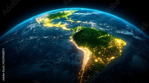 The image shows a satellite view of the Earth at night, focusing on the South American continent and the surrounding oceans.  The bright lights of cities are visible, contrasting with the dark ocean