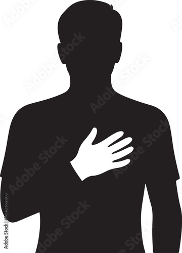 Silhouette of Man Holding Chest in Painful Pose on Plain Surface Vector
