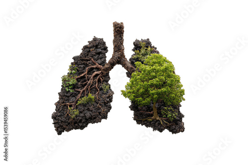A stylized image of lungs formed from earth and a tree, symbolizing the interconnectedness of nature and human health.  The roots intertwine, illustrating a symbiotic relationship