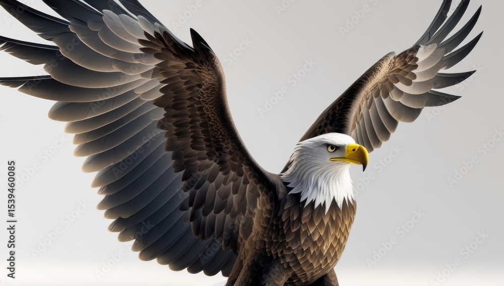 Obraz premium Majestic bald eagle soaring with outstretched wings against neutral backdrop