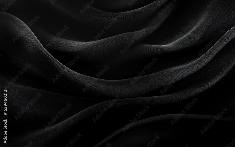 Fototapeta premium Close-up of smooth, flowing black fabric with soft light highlighting gentle waves and folds creating an elegant and mysterious atmosphere