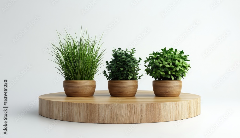 Fototapeta premium Three potted plants on a wooden platform