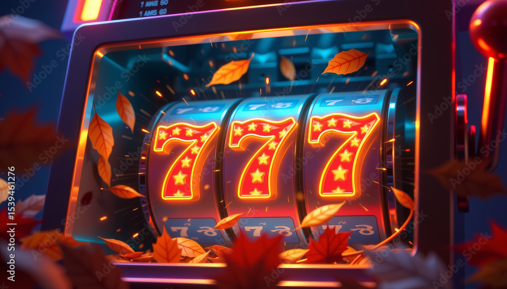 Obraz premium Lucky slot machine showing triple sevens with autumn leaves falling around in vibrant casino scene
