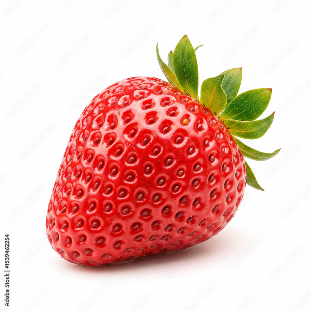 Fresh strawberry sits ready showing its bright red color and green leaves against a white surface Fresh strawberry sits ready showing its bright red color and green leaves against a white surface