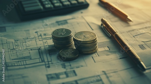 Architectural blueprints with stacks of coins, calculator, and pen