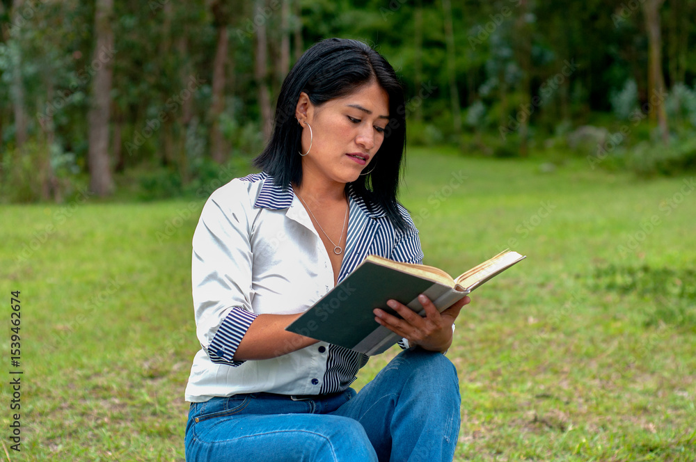 Fototapeta premium Latin woman reading a book in a park
