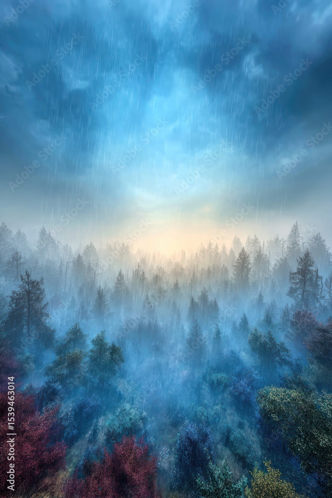 Fototapeta premium Misty forest vista at dawn