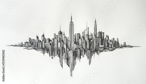 Detailed pencil sketch of NYC skyline, mirrored effect
