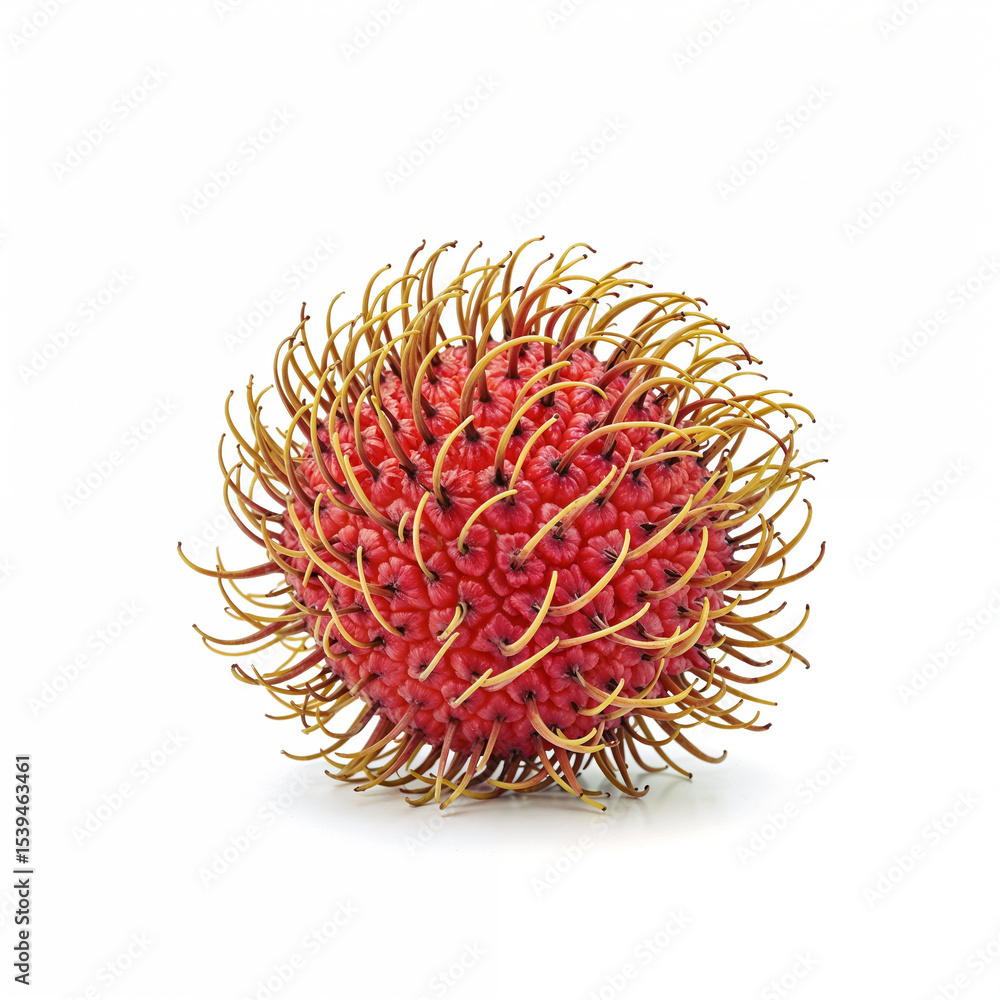 Fototapeta premium Rambutan fruit sits against white backdrop its unique texture displayed vibrant colors shown freshness guaranteed