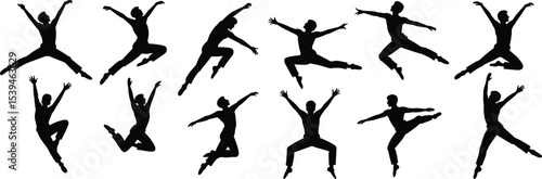 Energetic Dancer and Performer Silhouettes in Various Dynamic Poses, Ideal for Dance, Art, and Movement Designs