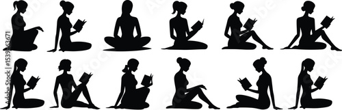 Various Women Reading Book Silhouettes in Relaxed Poses, Ideal for Education, Leisure, and Lifestyle Designs