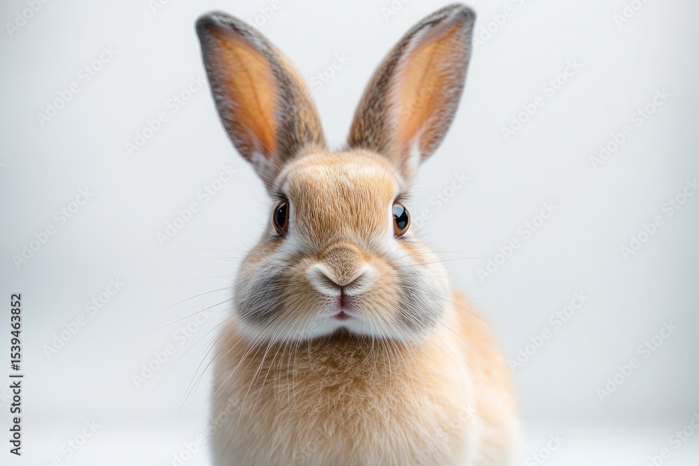 Fototapeta premium Close-up of a cute light brown rabbit with erect ears looking curiously at the camera against a soft white background