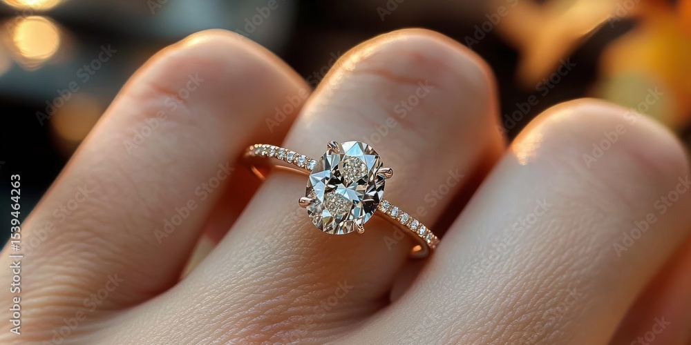 Close-up of a hand wearing a delicate rose gold ring with an oval diamond centerpiece surrounded by smaller diamonds, sparkling in warm natural light Close-up of a hand wearing a delicate rose gold ring with an oval diamond centerpiece surrounded by smaller diamonds, sparkling in warm natural light