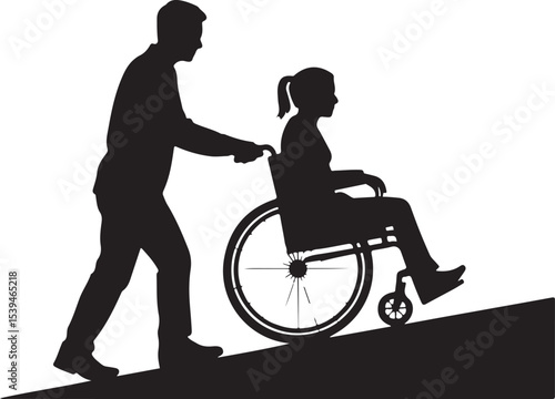 Silhouette of a Person Pushing a Wheelchair Up a Ramp with Care