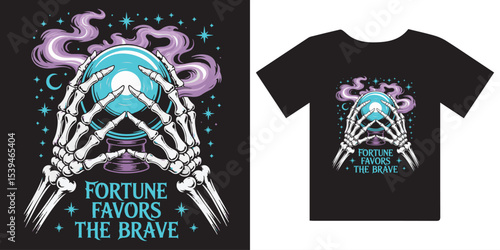 Skeleton Hands Holding Glowing Crystal Ball with "Fortune Favors The Brave" - Mystical Esoteric Design

