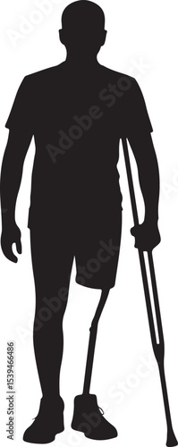 Silhouette of a Man with Leg Amputation Using Crutches for Support Vector