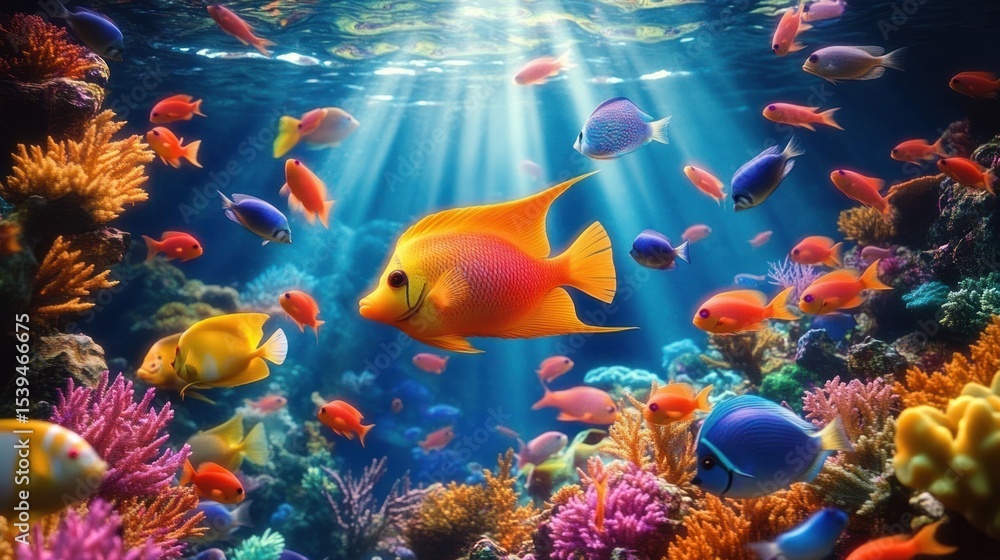 Naklejka premium Colorful tropical fish swimming around vibrant coral reef with sun rays penetrating clear blue ocean water creating a serene underwater scene