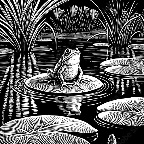 frog sitting on a lily pad surrounded by still water