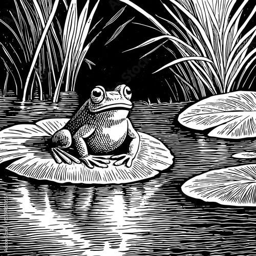 frog sitting on a lily pad surrounded by still water