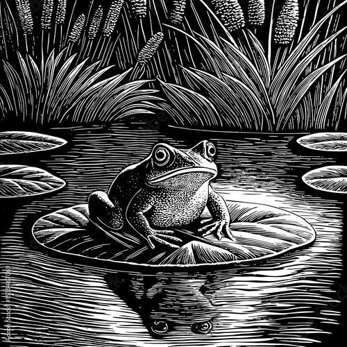 frog sitting on a lily pad surrounded by still water