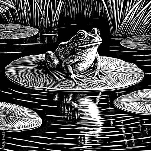 frog sitting on a lily pad surrounded by still water
