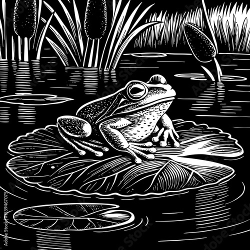 frog sitting on a lily pad surrounded by still water