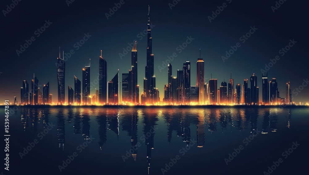 Obraz premium Night cityscape, modern architecture, reflected in water