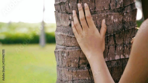 4K slow motion close-up of a woman's hand gently moving down and touching a tree trunk – nature connection concept