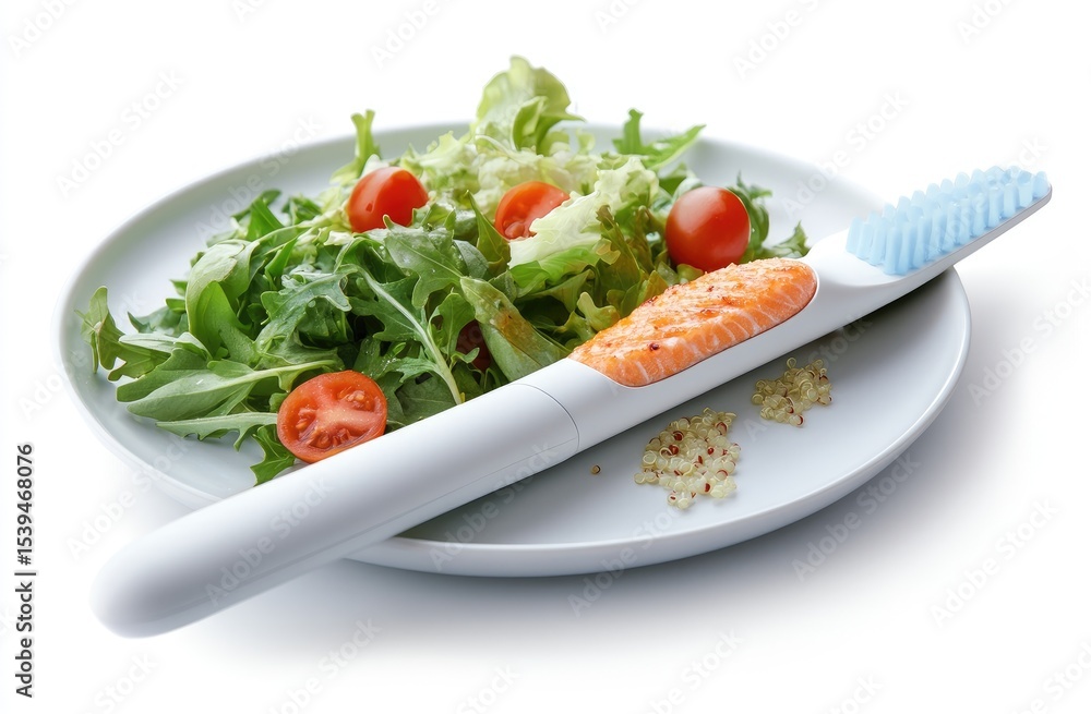 Plate of salad with a tool for serving fish and seasonings Plate of salad with a tool for serving fish and seasonings
