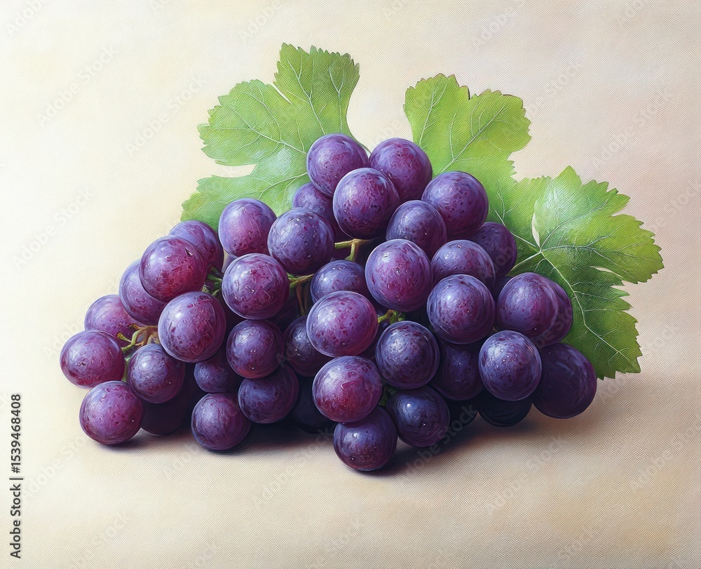 Fototapeta premium Close-up of a bunch of ripe purple grapes with water droplets and green leaves on a light background, evoking freshness and natural abundance