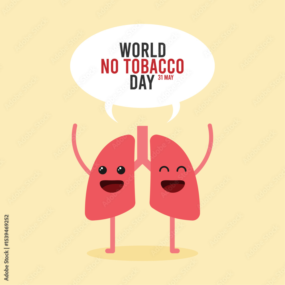 Fototapeta premium World no tobacco day. May 31. Cute lungs character. Flat design vector illustration.
