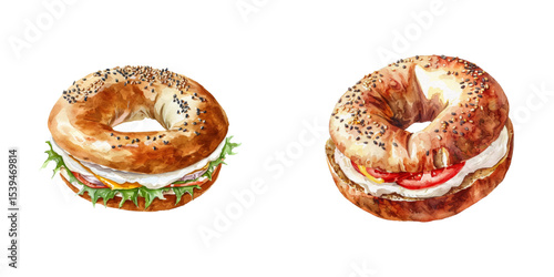 bagel with cream cheese watercolor vector illustration