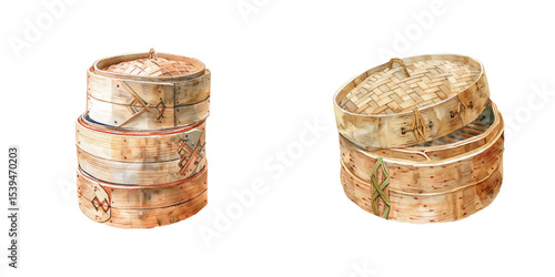 bamboo steamer watercolor vector illustration