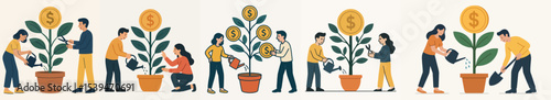 Vector Set men and women care for the money tree