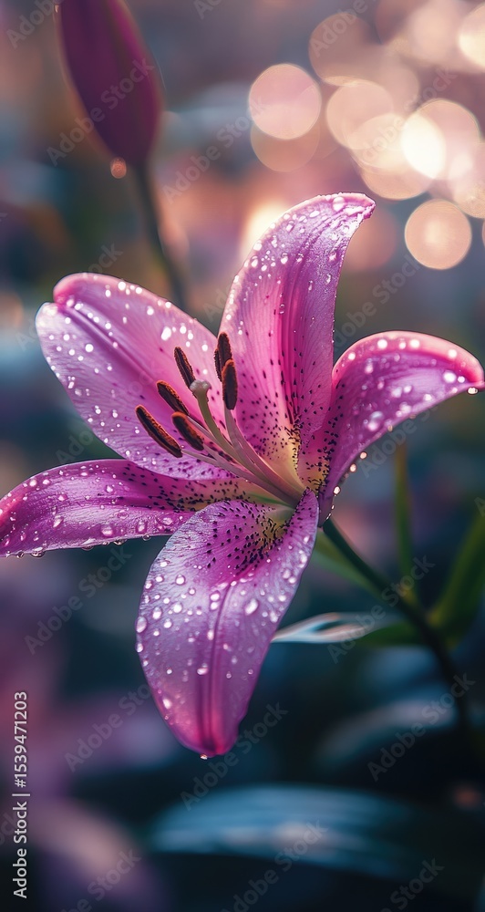 Fototapeta premium Close-up of a vibrant purple lily with dew drops