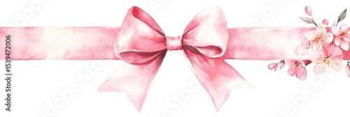 Watercolor illustration of a pink ribbon bow with delicate pink flowers