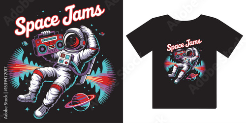 Astronaut in Space with Boombox - "Space Jams" Retro Sci-Fi Music Design. 